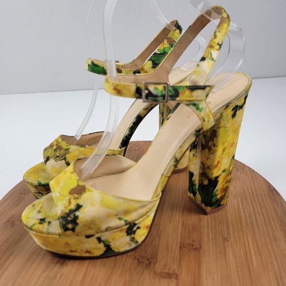 Kate Spade Yellow Floral Block Heels Made in Italy Womens size 10 B Strap Sandal - Picture 1 of 16